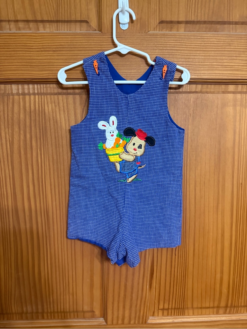 Austin&Ashley Vintage Blue Gingham Kids Romper with Bunny/Puppy Embroidery 18m